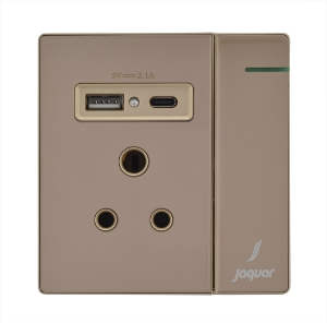 Picture of थ्री पिन सॉकेट विद इंडिकेटर एंड बिग स्विच एंड वन Usb एंड वन टाइप-C - गोल्ड